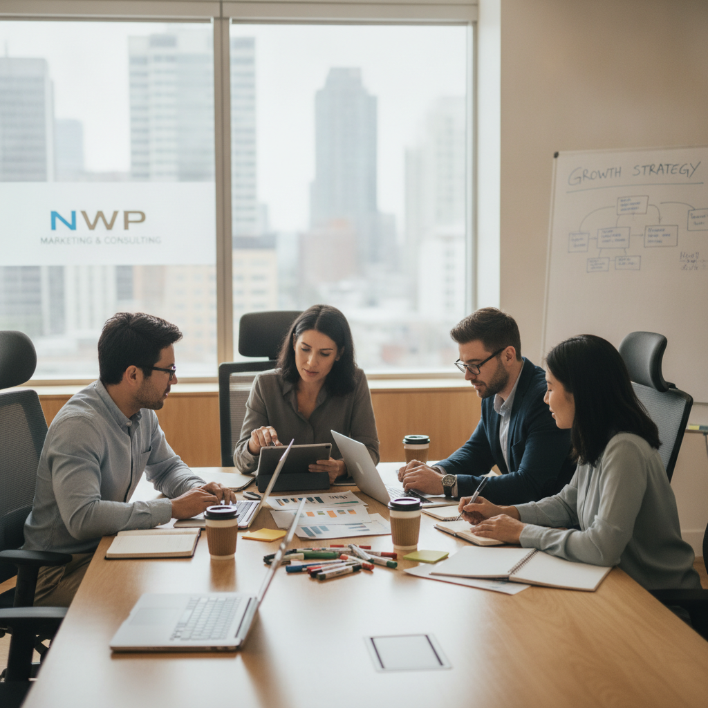 NWP Marketing and Consulting team collaborating in a professional office setting during a small business strategy meeting