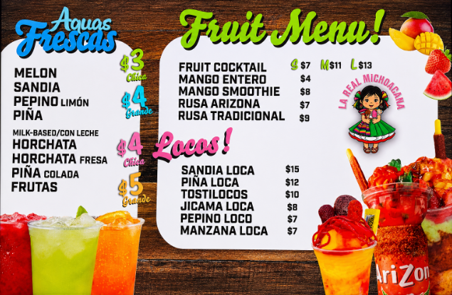 Aguas frescas and drinks menu with horchata jamaica and fresh fruit waters