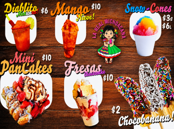 Mangonadas and elotes menu with prices at La Real Michoacana Texoma
