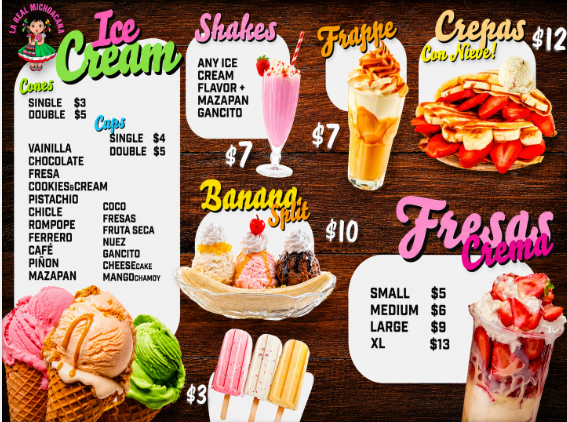 La Real Michoacana menu page showing paletas and ice cream flavors with prices
