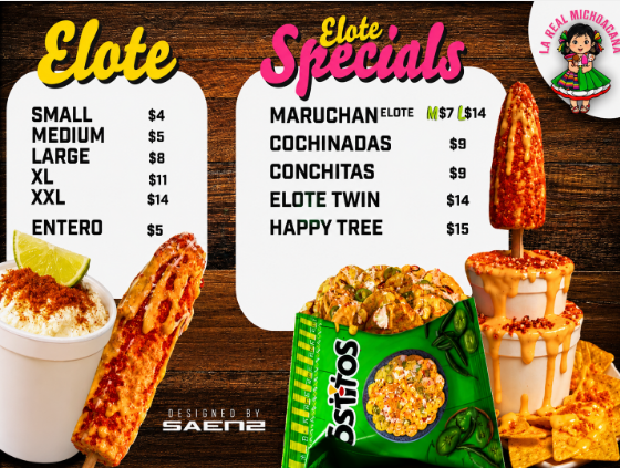 Elotes menu with Mexican street corn cups and cob options with prices