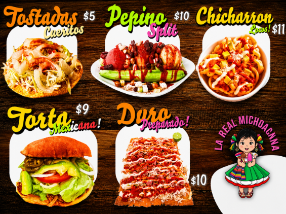 Tostilocos and snacks menu with chamoy chips and Mexican treats