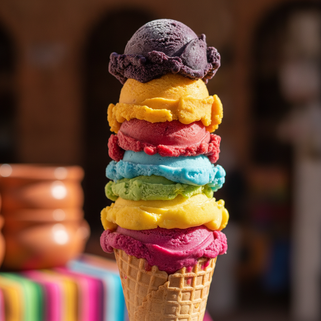 Rainbow scoops of authentic Mexican ice cream nieves stacked in a waffle cone