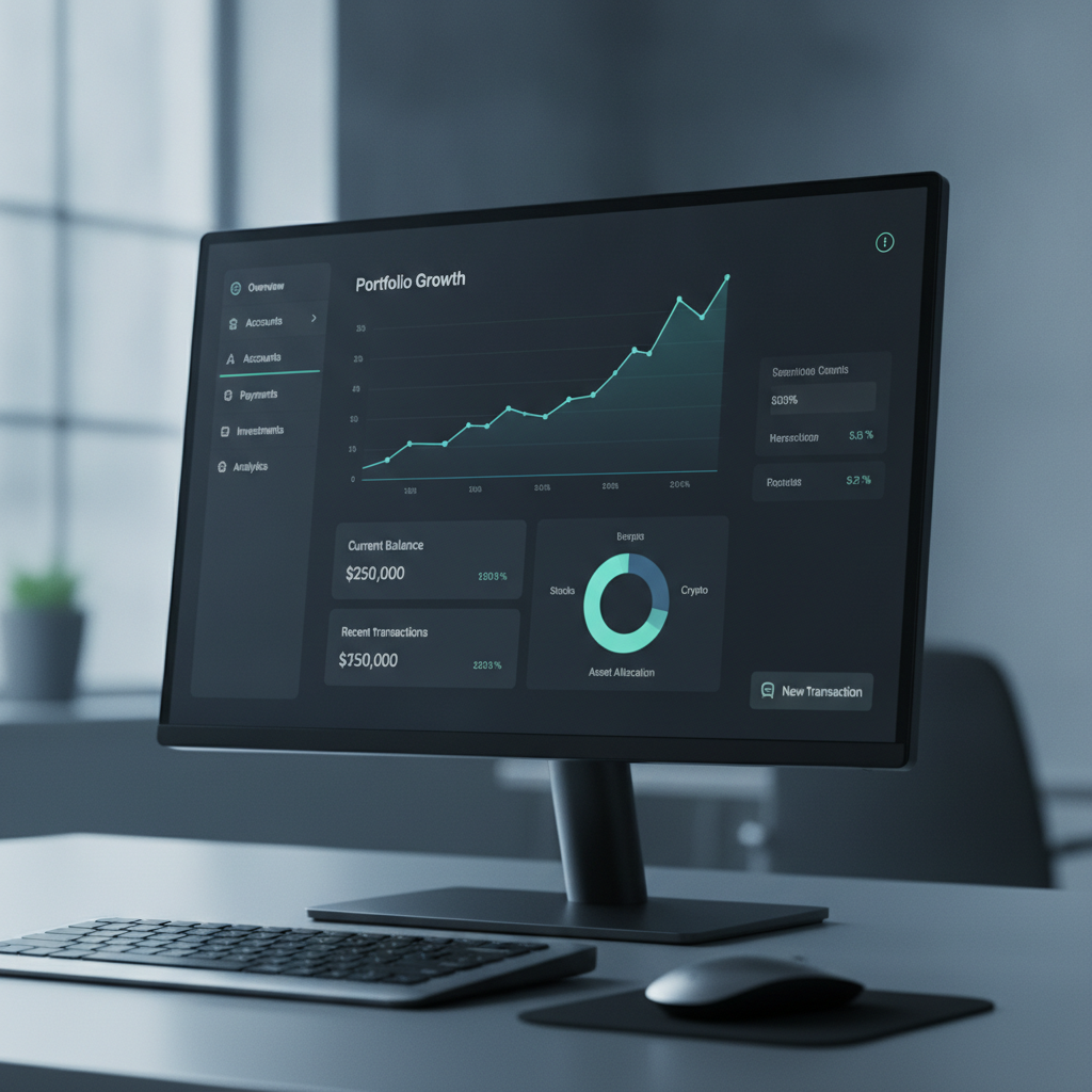 Sleek dark mode fintech dashboard interface with glowing neon data charts
