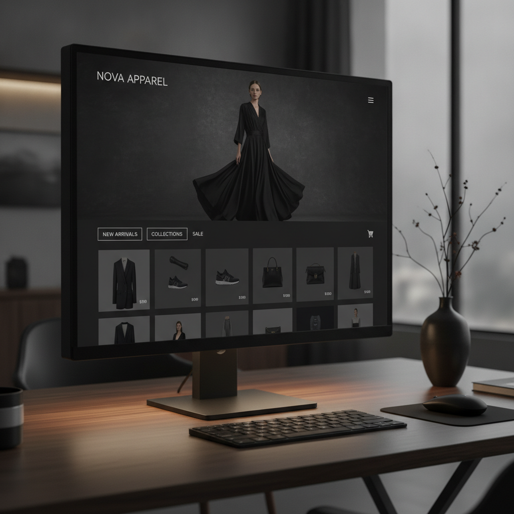 High-end fashion e-commerce storefront with minimalist dark aesthetics