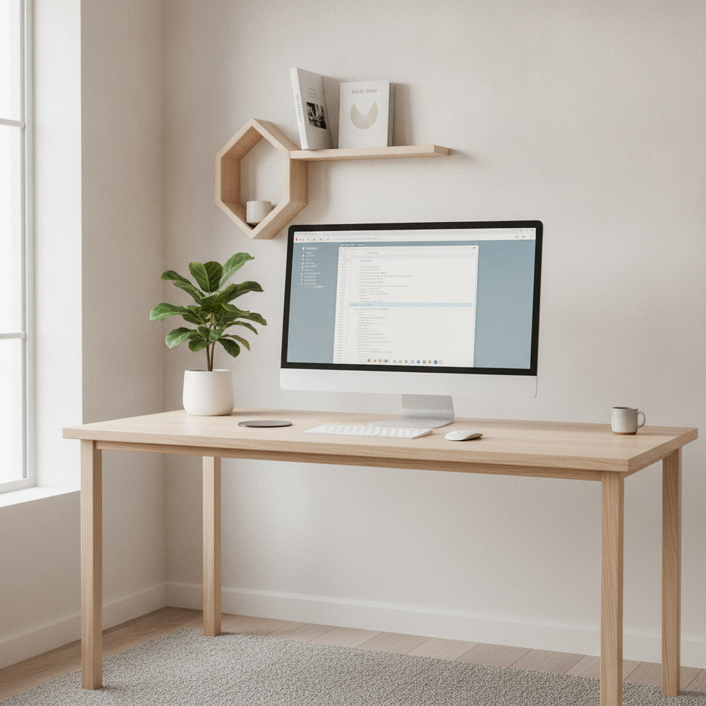 Ljus och modern minimalistisk arbetsplats för webbutveckling med skärm och växt, inga människor
