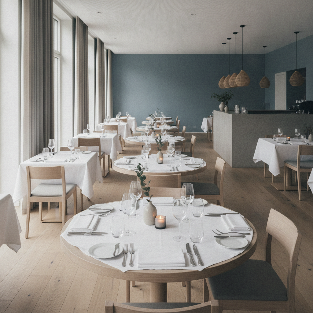 Tom elegant restaurang med dukade bord