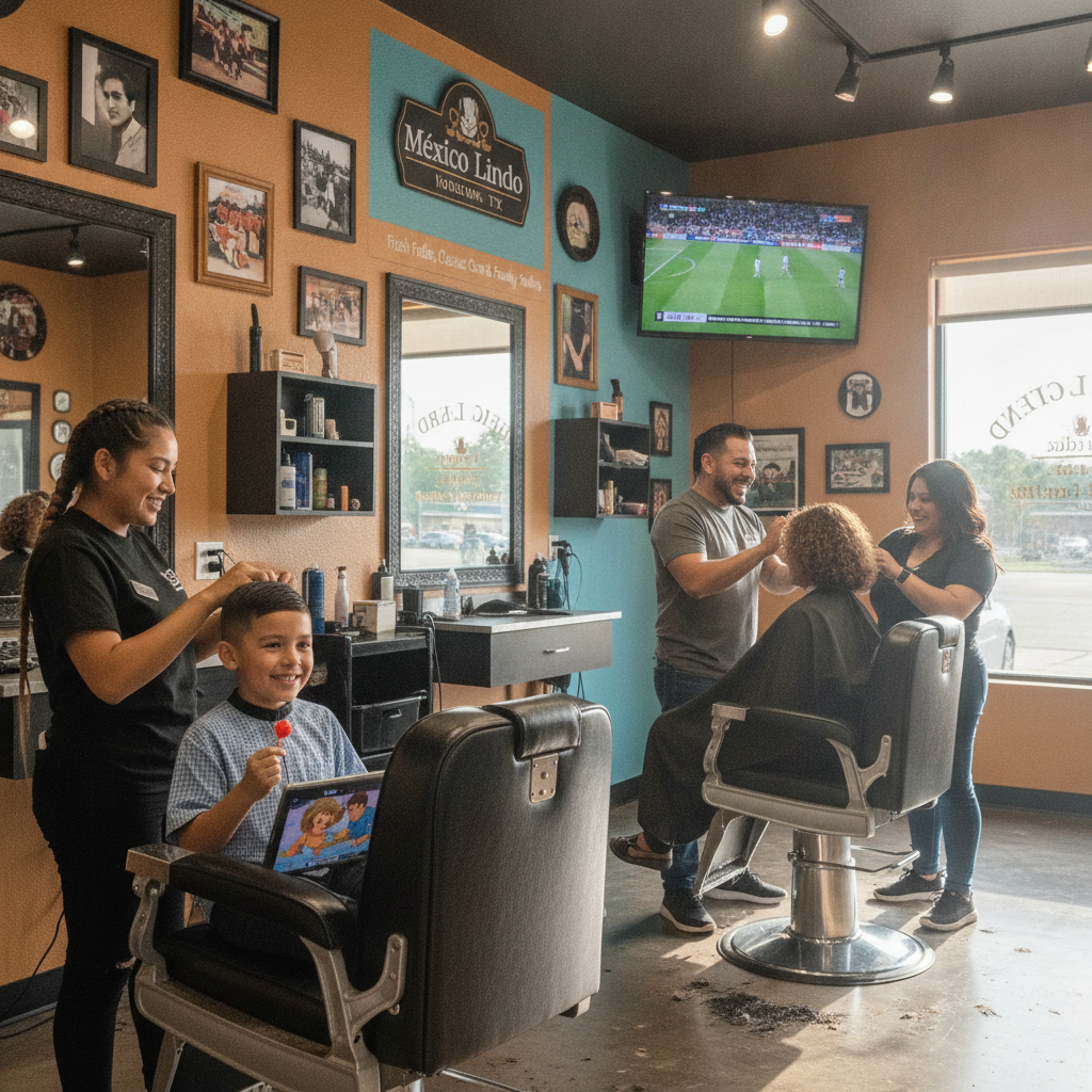 Happy family getting haircuts together in the clean, welcoming Mexico Lindo Barber Shop
