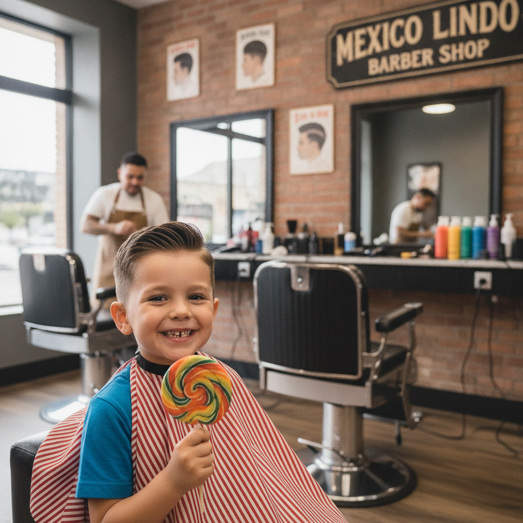 A smiling young boy holding a lollipop after a fresh haircut