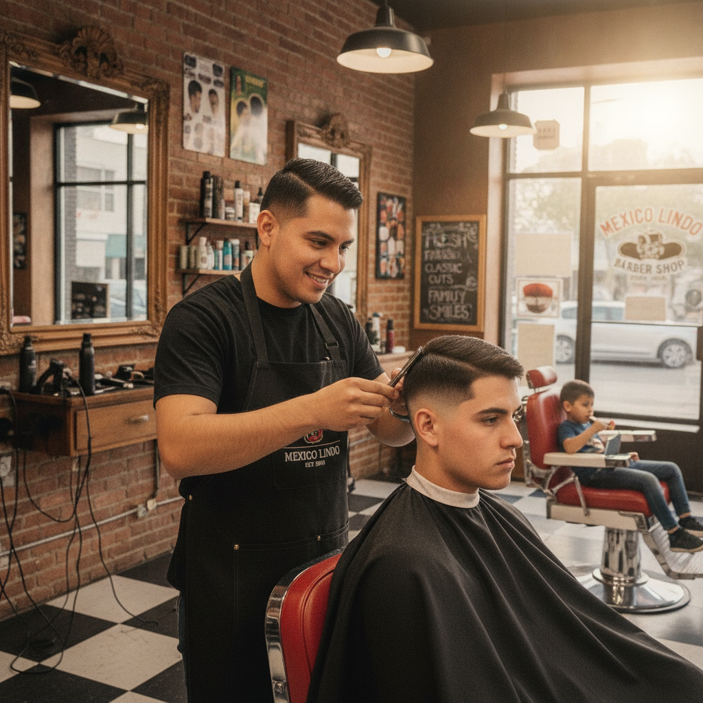 Professional barber giving a fresh razor fade haircut in a clean upbeat barbershop