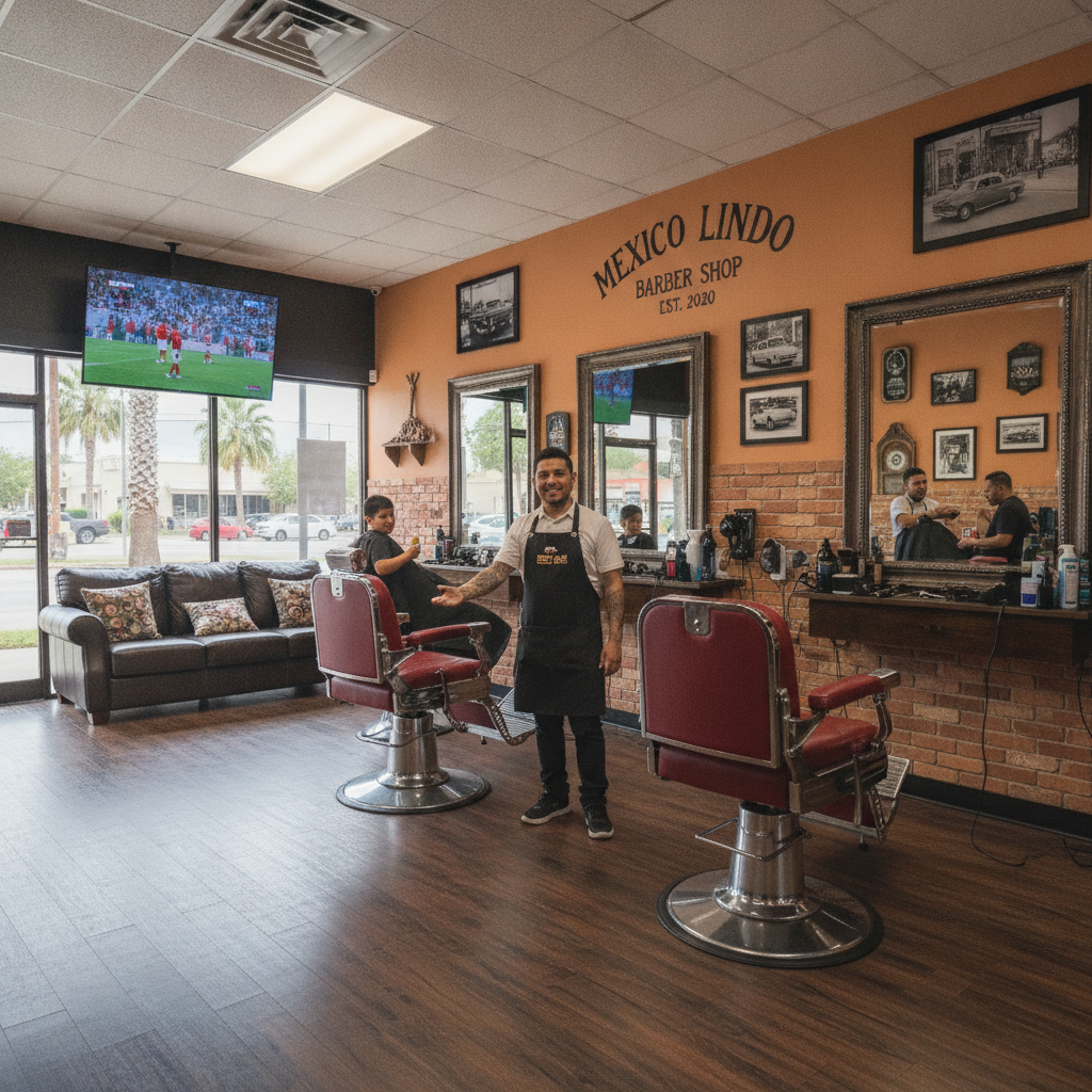 Interior of Mexico Lindo Barber Shop, clean with comfortable chairs and sports on TV