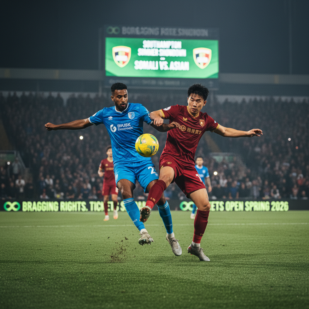 Intense dramatic action shot of a highly competitive football match under stadium lights
