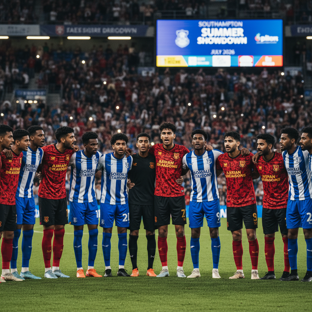 Somali and Asian football players huddle before a high stakes match