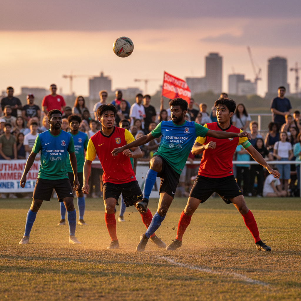 Intense amateur football match action shot in Southampton