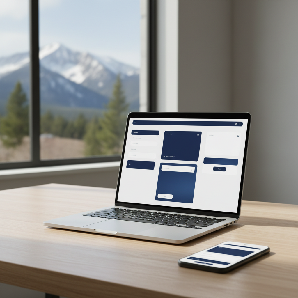 Cinematic premium modern flat lay of a sleek silver laptop and minimalist smartphone arranged on a clean light wooden desk, with a softly blurred Colorado mountain landscape visible through a window in the background, illuminated by soft natural cinematic lighting. The laptop and phone screens display ONLY abstract minimal UI shapes - simple geometric layout blocks, plain unlabeled navigation bars, rounded buttons with no text, soft gradient panels, and abstract placeholder rectangles in navy blue and white tones. Absolutely no company names, no readable text, no words, no logos, no fake branding, no website words anywhere on the screens. Pure abstract minimal navy and white UI shapes only. Photorealistic editorial product photography, ultra-clean, sleek, trustworthy, modern, minimal, high-end aesthetic.
