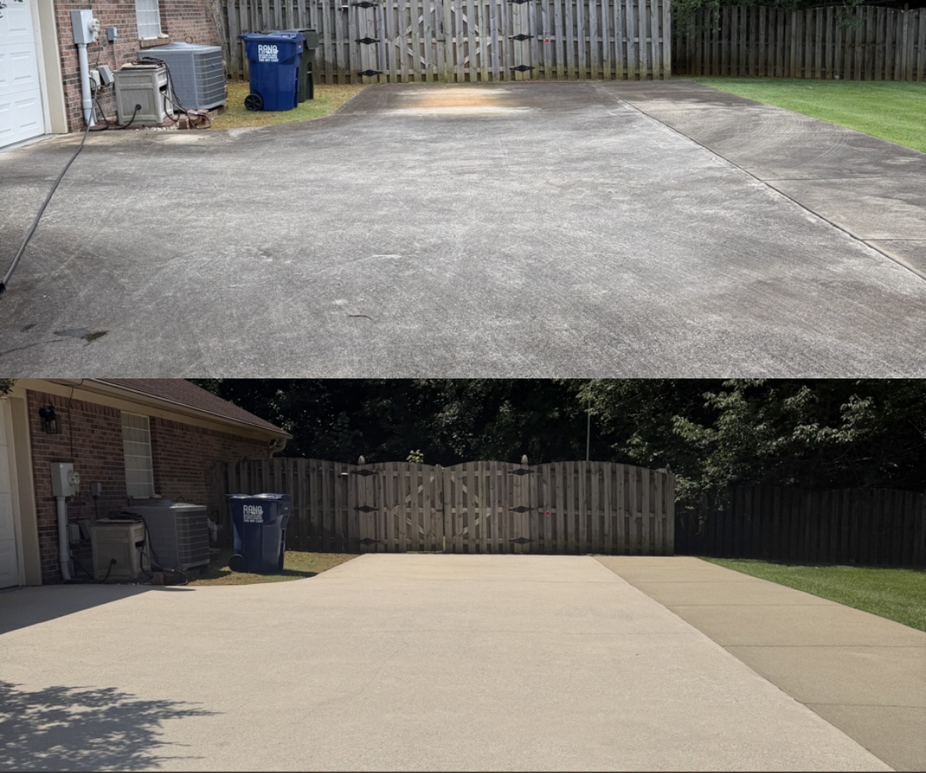 A brick patio covered in green algae and dark, slippery mold before professional cleaning.