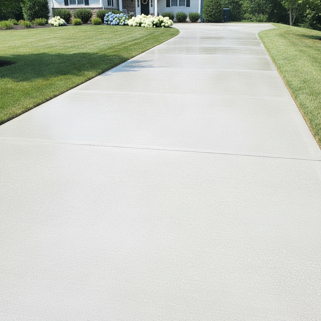 The same long concrete driveway looking bright, clean, and uniform after pressure washing.