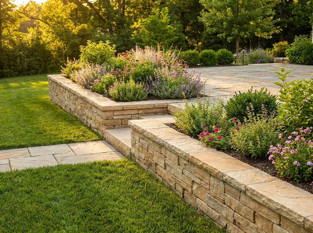 Stone retaining wall construction detail