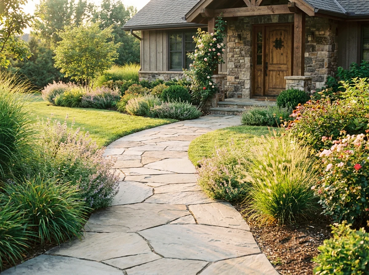 Stone walkway and front entry hardscape