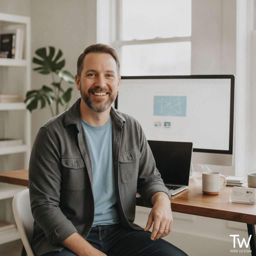 Travis Weeks, professional web designer for small businesses, smiling in a modern office