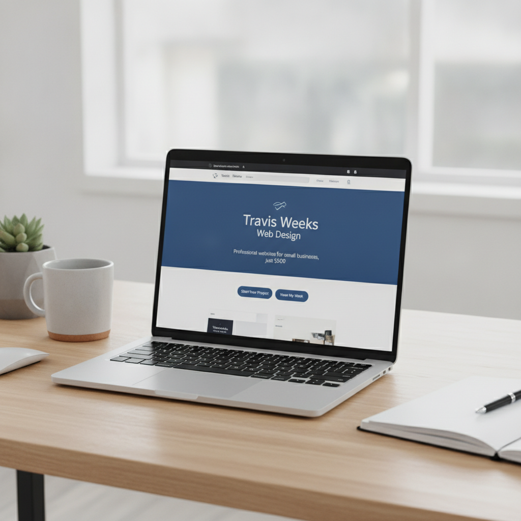 Modern web design workspace with laptop displaying a professional business website design