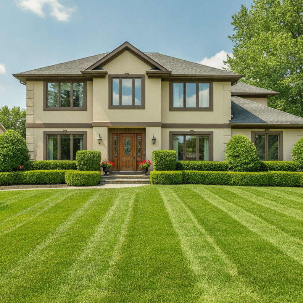 Beautiful residential suburban home exterior with a freshly mowed vibrant green lawn, manicured hedges, and sparkling clean streak-free windows reflecting the sky, no people visible