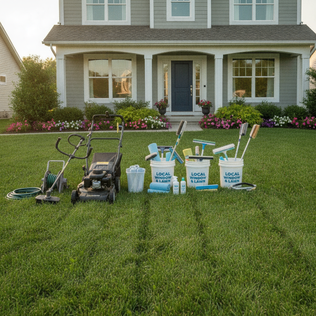 Professional lawn mower, trimmer, squeegees, buckets, and window cleaning supplies neatly arranged on a freshly cut green lawn in front of a beautiful suburban home exterior