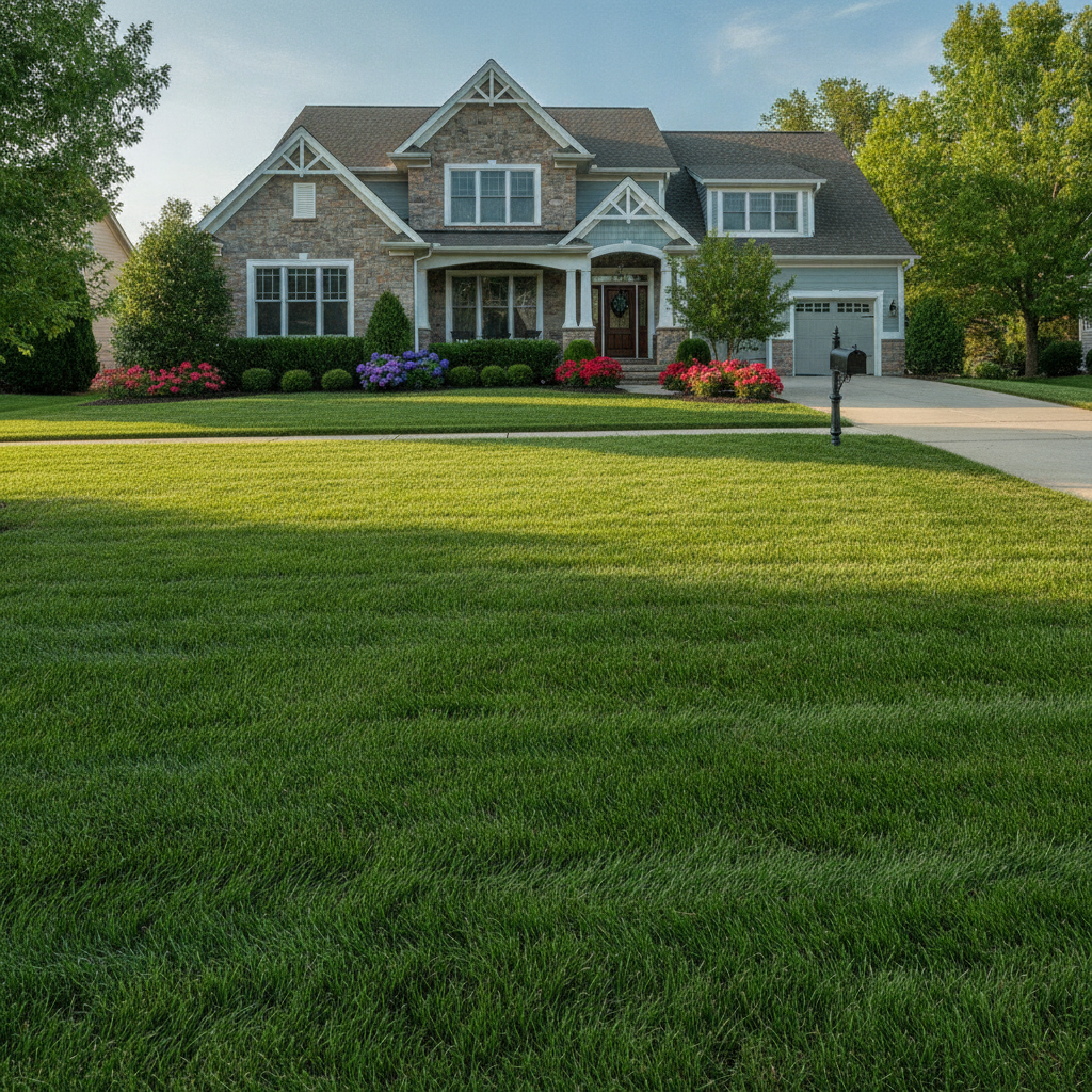 Beautifully manicured lush green lawn in front of suburban home with crisp edges and no people visible