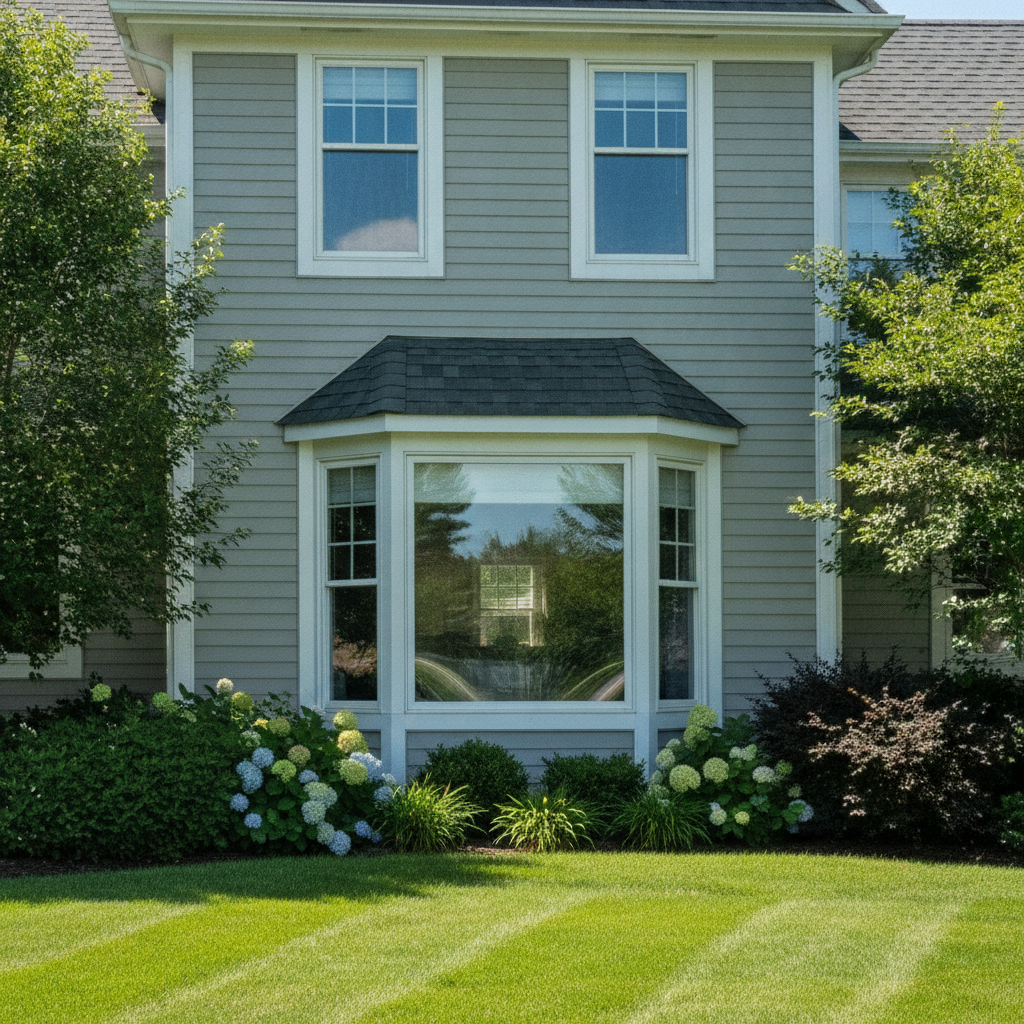 Crystal clear streak-free clean windows on a bright suburban house exterior with no people or workers visible