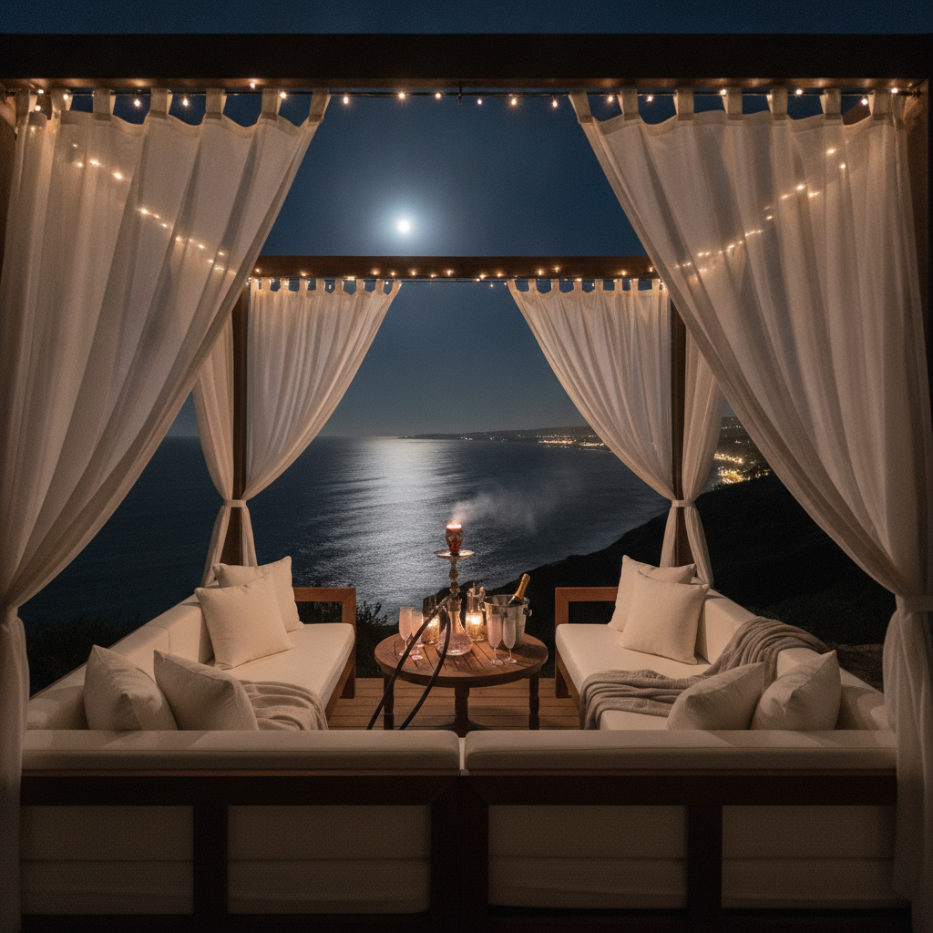 An exclusive, private VIP cabana with plush white sofas, a personal hookah setup, and an unobstructed panoramic view of the Pacific Ocean at night