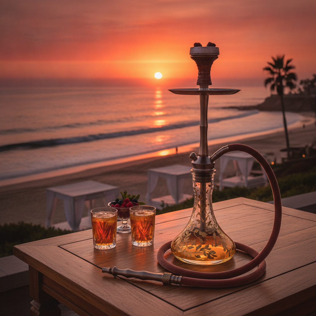 Elegant premium hookah setup on an outdoor table overlooking a breathtaking Malibu ocean sunset