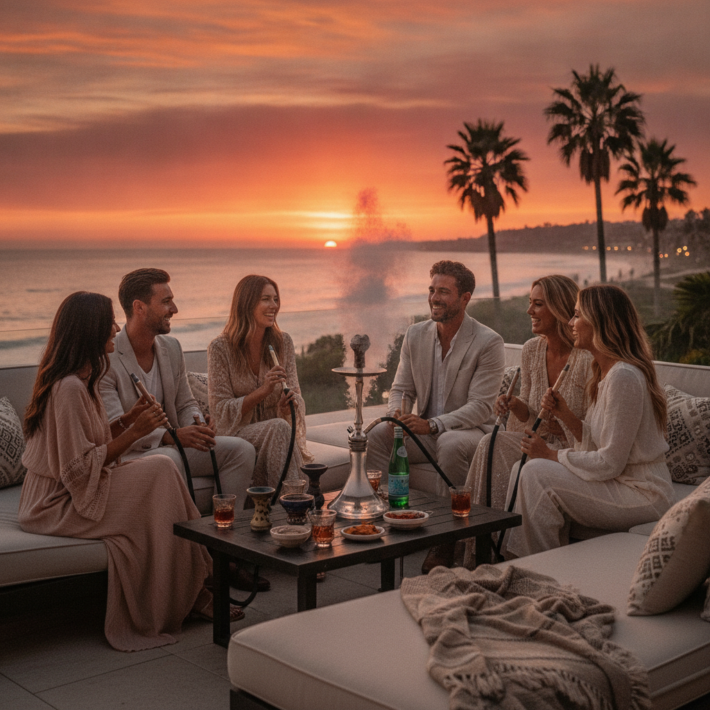 A group of stylish friends enjoying premium hookah on a seaside patio during a golden Malibu sunset