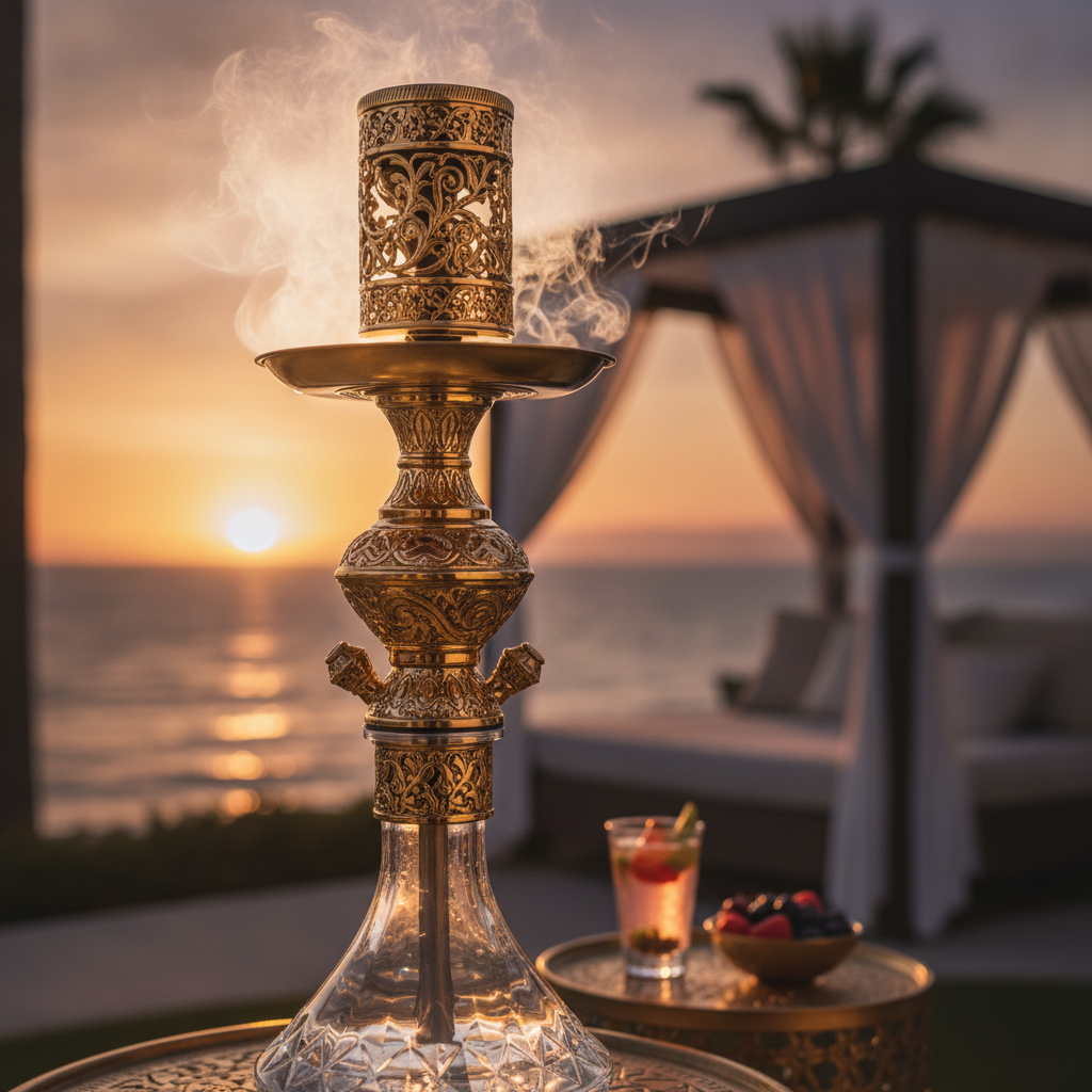 A close-up, detailed shot of a handcrafted, ornate golden hookah with intricate carvings, emitting a gentle plume of smoke