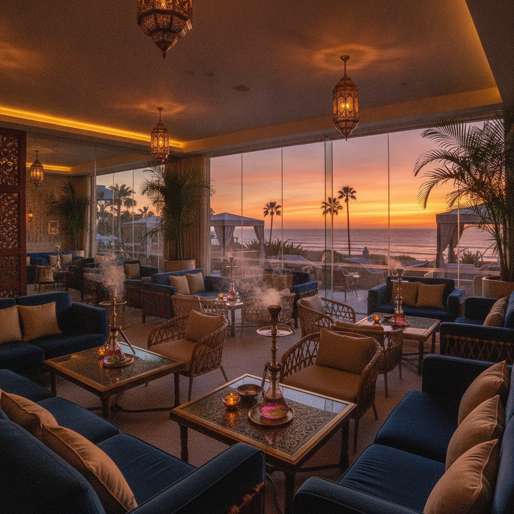 An elegantly designed hookah lounge interior with plush seating and ambient gold lighting overlooking the ocean