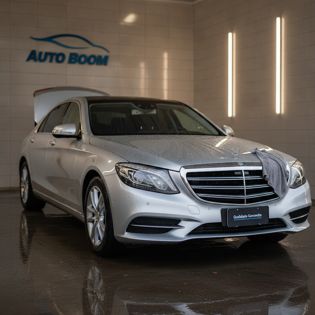 Sedan de luxo prateado recém-lavado com brilho espelhado, gotas de água cristalinas sobre a pintura metálica impecável após detalhe profissional Auto Boom