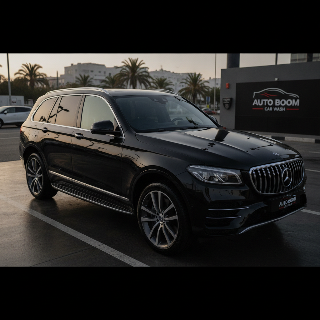 SUV preto de luxo extremamente brilhante após lavagem manual profissional completa com reflexos espelhados perfeitos e acabamento wet look intenso
