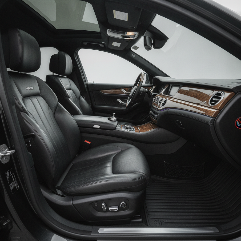 Interior de carro de luxo impecável com bancos de pele preta premium, tablier de madeira polido e tapetes aspirados após detalhe interior profissional