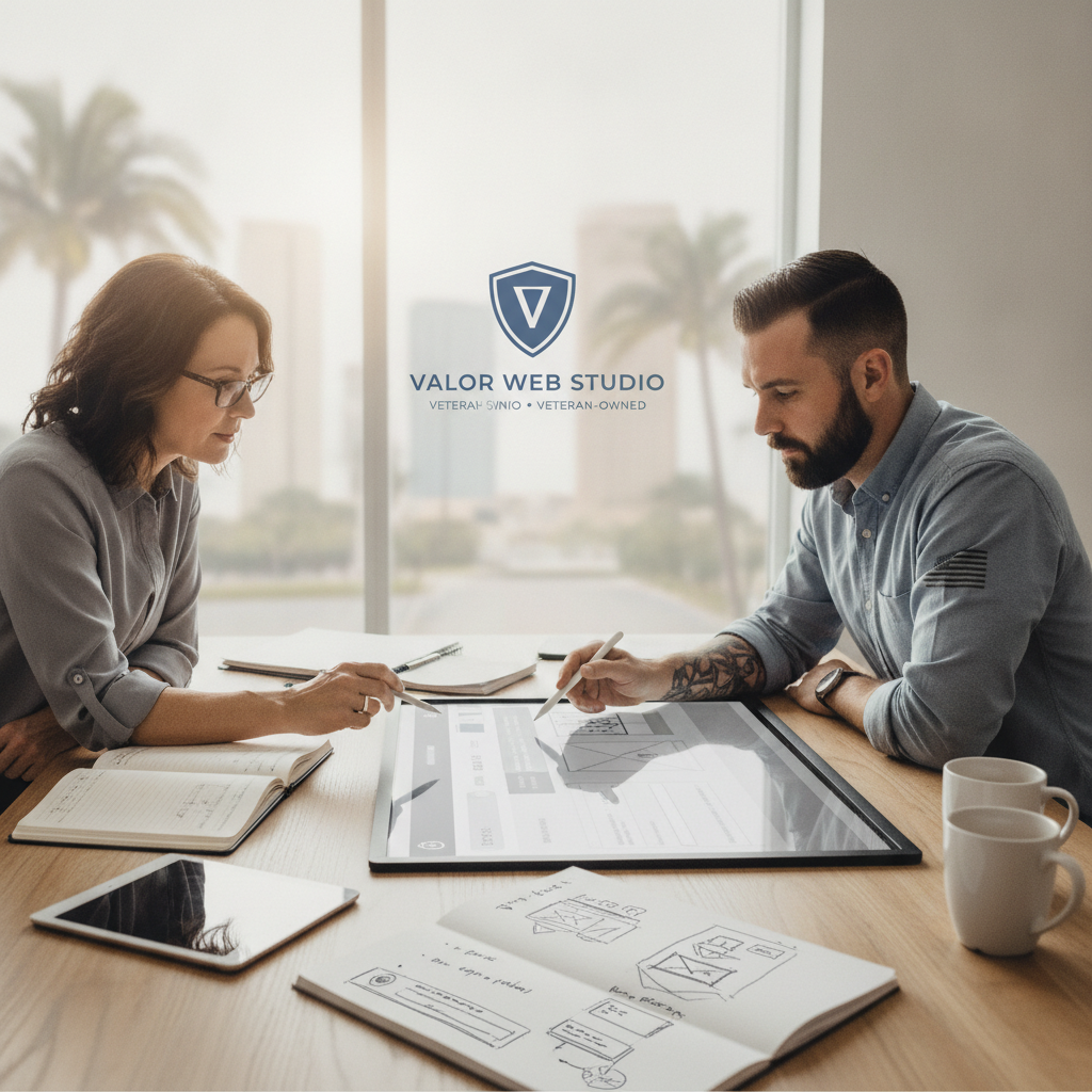 Veteran web designer from Valor Web Studio collaborating on website project plans at modern desk