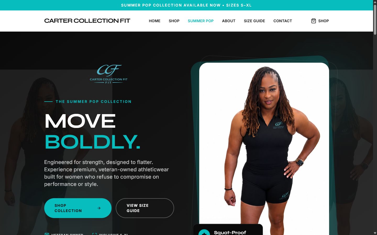 Modern fitness apparel e-commerce website displayed on laptop mockup for Carter Collection Fit