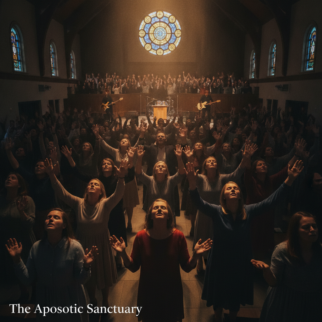 Reverent worshippers with hands raised in a softly lit sanctuary during a Spirit-filled Apostolic Pentecostal worship service