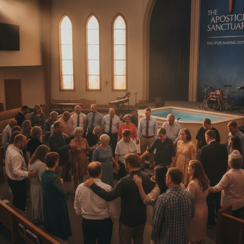 Apostolic congregation gathered in prayer and warm fellowship after a Sunday service
