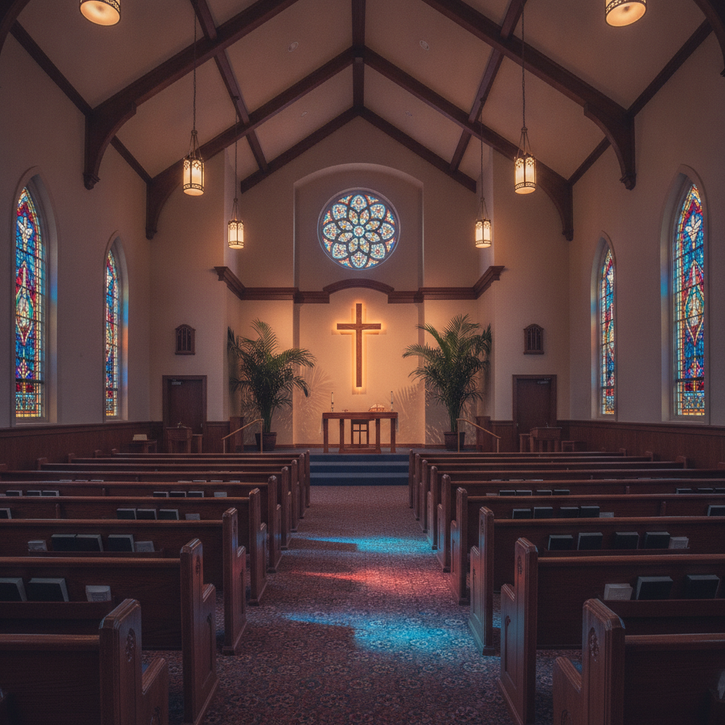 Interior view of The Apostolic Sanctuary sanctuary with wooden pews stained glass windows and softly illuminated altar in West Little Rock Arkansas