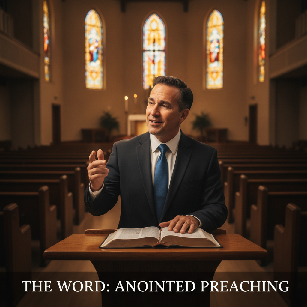 Pastor preaching the Apostolic gospel from the pulpit with an open Bible during a Sunday service