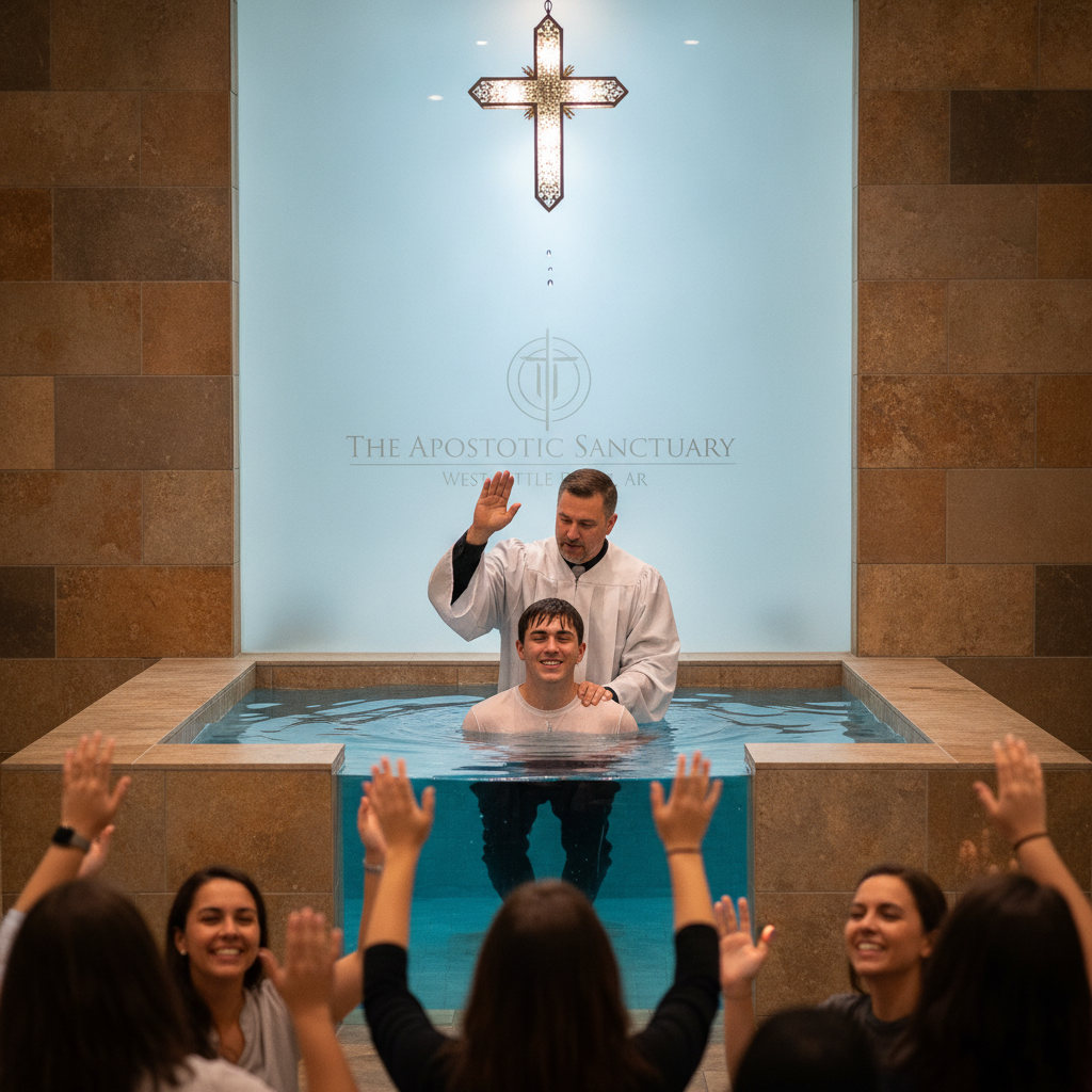 A new believer being baptized in the name of Jesus Christ in the church baptistry at The Apostolic Sanctuary