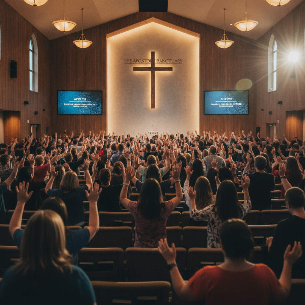 Apostolic Pentecostal congregation worshipping with hands raised in The Apostolic Sanctuary in West Little Rock Arkansas