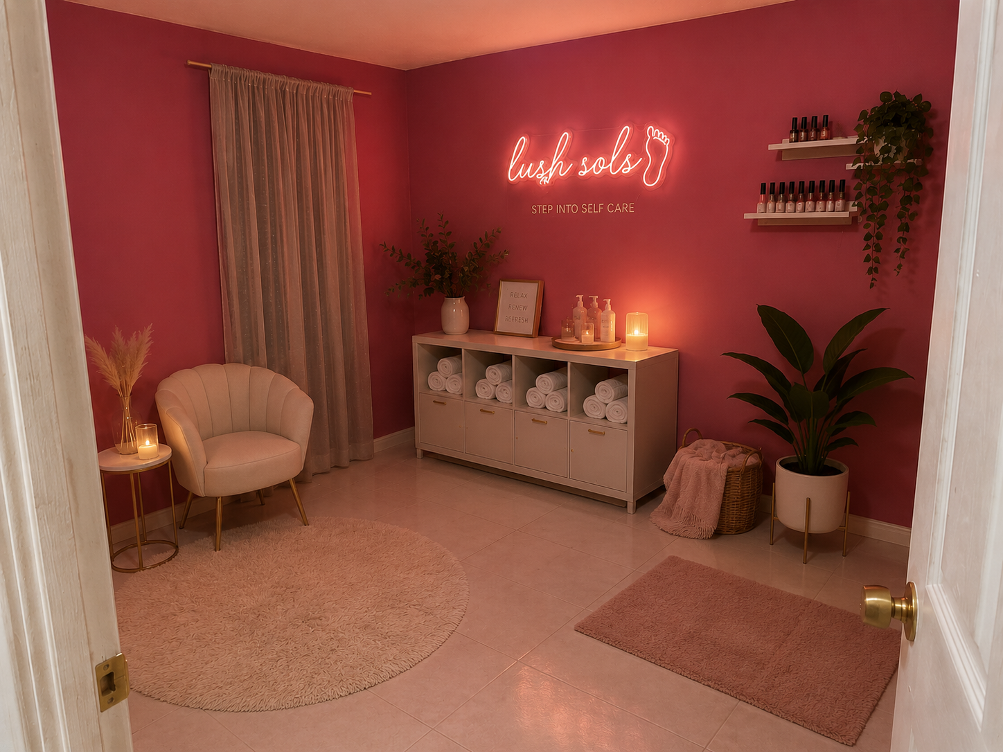 A beautifully designed, tranquil pedicure studio interior with plush chairs and organic decor