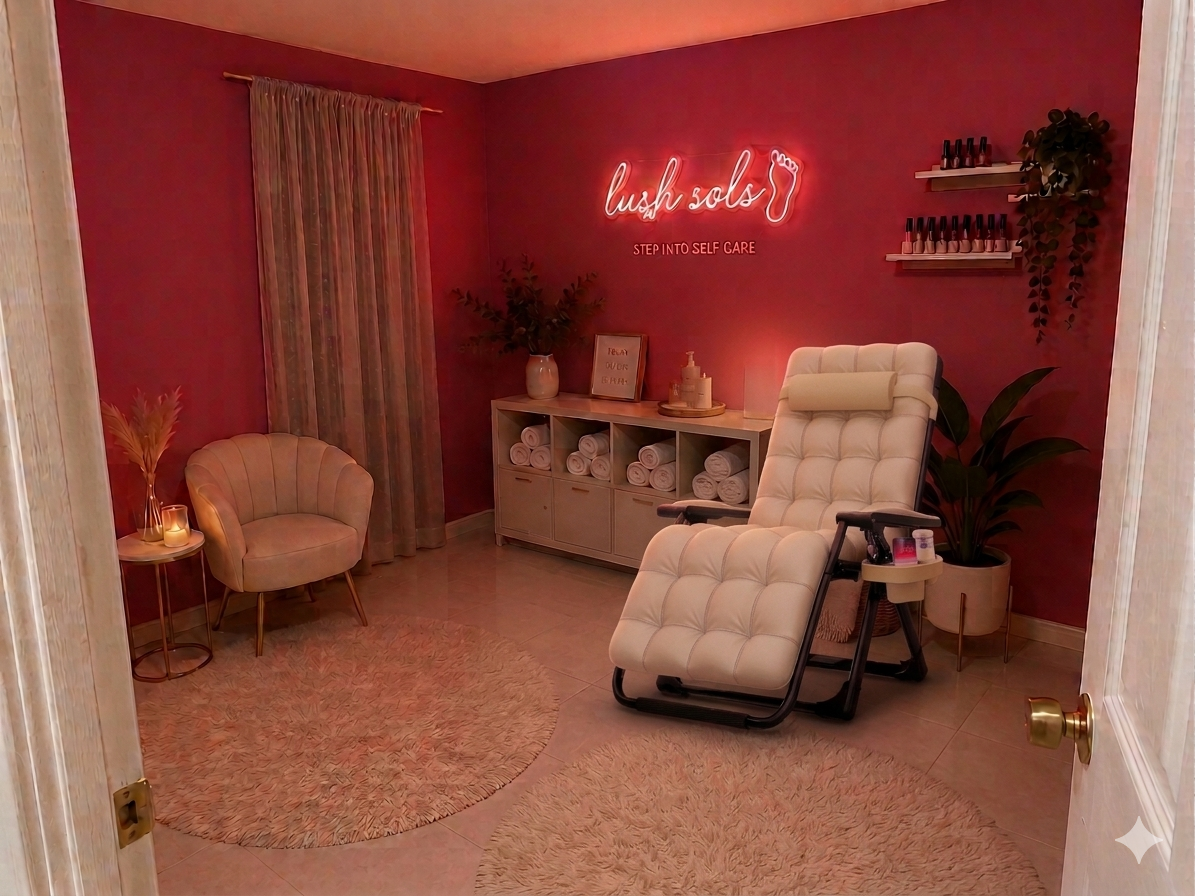 A wide, panoramic shot of the pedicure station area, showing plush chairs and a clean, serene environment