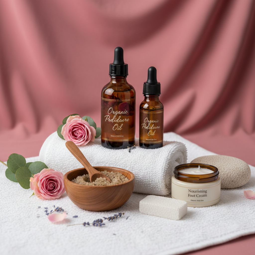 An aesthetic flat-lay of organic pedicure products like scrubs, oils, and lotions on a natural wood surface
