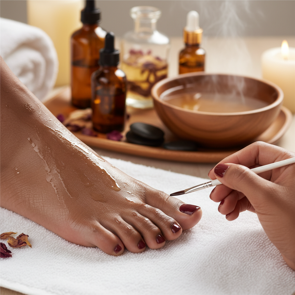A close-up photograph of flawlessly polished toes with healthy, glowing skin