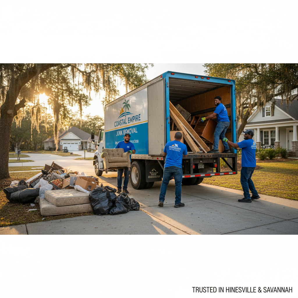 Coastal Empire Junk Removal company truck with professional crew loading furniture and debris in Hinesville Savannah Georgia